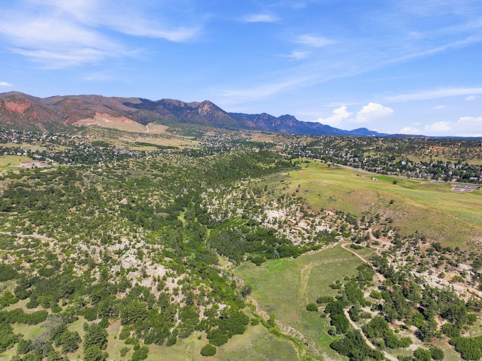 Aerial view of Ute Valley Park's trails and the Front Range